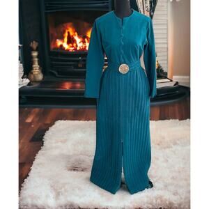 Vanity Fair Vintage Long Robe Teal Velour Half Button Gold Belt Half Zip USA